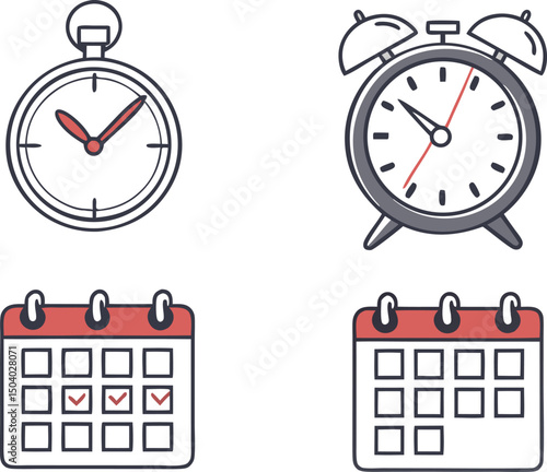 Calendar and Time Icon Collection. Time Management Icon Pack. Clock and Calendar Symbol Set. Day and Date Icon Bundle. Time Tracker Icon Design