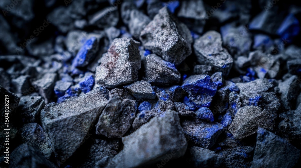 Raw cobalt ore chunks with metallic textures on dark industrial surface, mineral resources and mining industry concept for geology, metallurgy or heavy industry. Raw cobalt ore chunks with metallic textures on dark industrial surface, mineral resources and mining industry concept for geology, metallurgy or heavy industry.