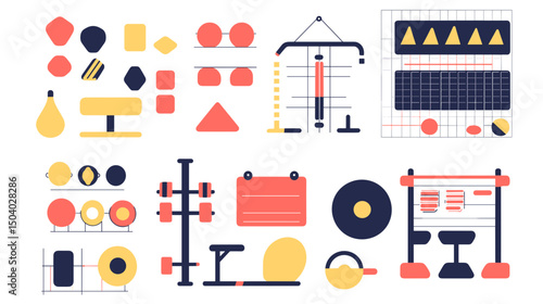 Colorful Geometric Gym Equipment Illustration with Various Exercise Machines and Weights in a Minimalist Style