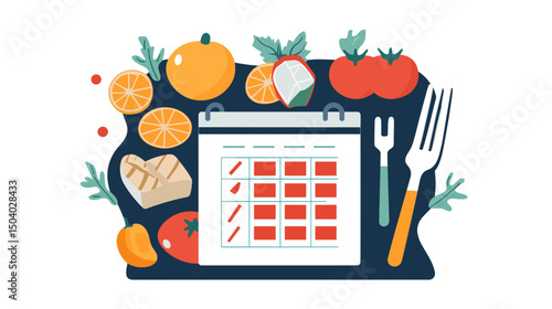 Diet Meal Planning on Calendar with Fruits and Vegetables Icon Fork Arrangement in Flat Design