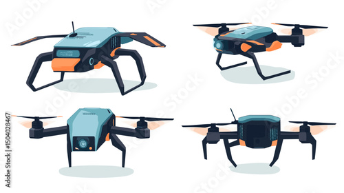 Different Angle Views of Blue and Orange Drones on White Background Innovative Design