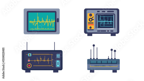 Electronic Equipment Set Featuring Monitors and Waveform Displays in Pixelated Retro Style Isolated on White Background