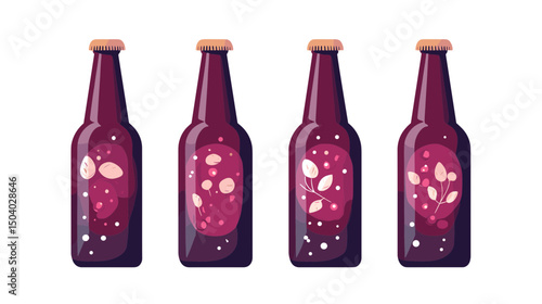 Four Brown Glass Beer Bottles with Unique Label Pixel Art Design on White Background