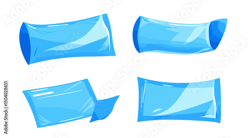 Four Blue Water Pouches in Different Poses Isolated on White Background Illustration