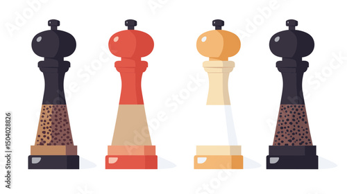 Four Colorful Pixel Art Chess Pieces in Black Red White and Yellow Isolated on a Clean White Background