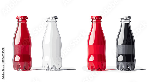 Four Glass Bottles in Red White and Black Colors with Different Caps Lined Up on White Background in Minimalist Style