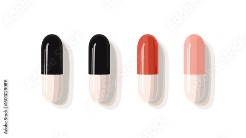 Four Medication Capsules in Black and Red with White Halves on White Background in Bright Studio Lighting