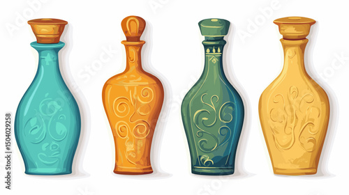 Four Pixel Art Bottles with Ornate Swirls in Turquoise Yellow Orange and Green Isolated on White Background