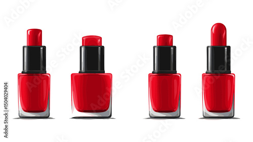 Four Red Nail Polish Bottles with Black Caps on a White Background Cosmetics and Beauty Products for Manicure and Style