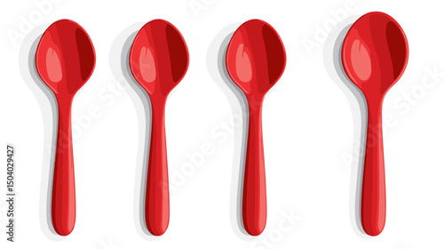 Four Red Plastic Spoons Arranged on a White Background in Flat Lay Overhead Minimalist Style