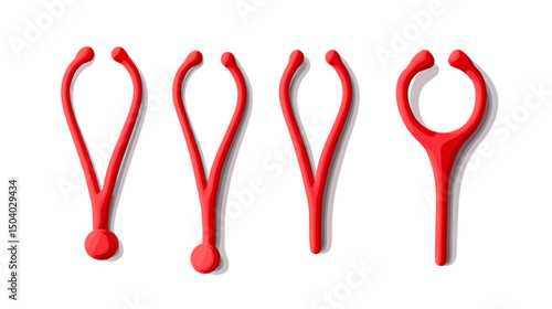 Four Red Plastic Clamps Isolated on White Background in a Studio Setting Featuring Simple Design and Precision