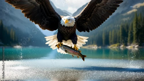 Bald eagle catches fish in crystal clear lake surrounded by majestic mountains during sunny day