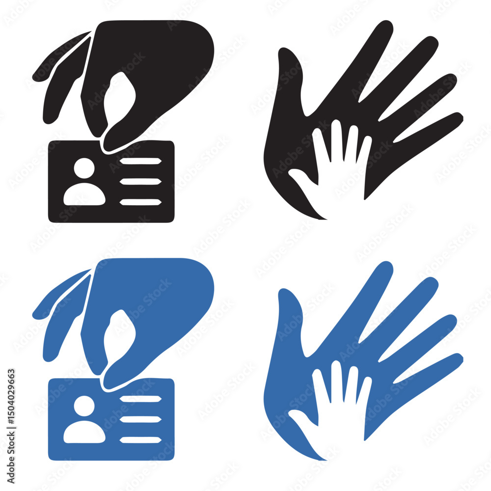 Fototapeta premium Hand Holding ID Card and Helping Hand Icon - Identity and Charity Symbol Vector