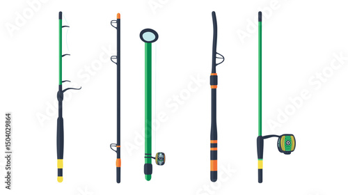 Illustration of Five Fishing Rods of Different Styles on a White Background Ideal for Angling and Outdoor Recreation