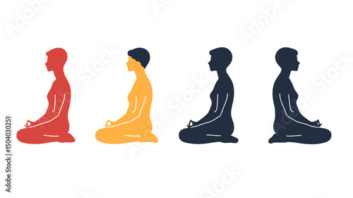 Meditating Silhouettes in Lotus Position Various Color Tones for Spiritual Wellness on White Background