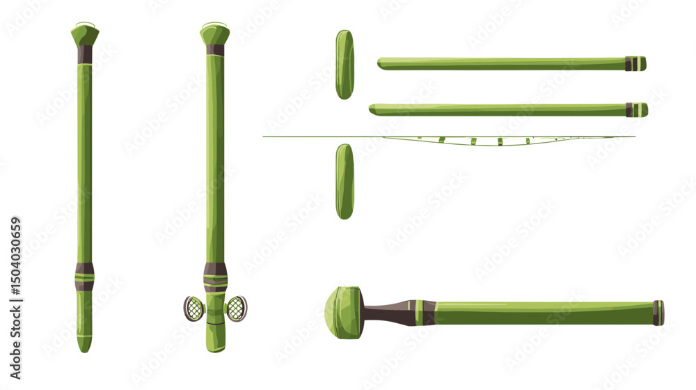 Fototapeta premium Pixel Art Green Staff Weapon Sprite for Games Retro Medieval Fantasy Magic Isolated on White Background