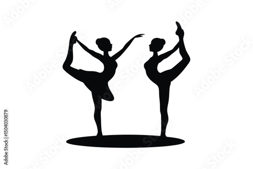 Elegant black silhouette of two women practicing yoga poses together gracefully