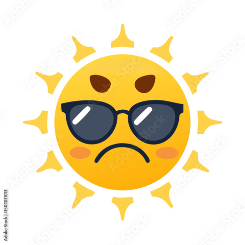 Cartoon sun character with sunglasses displaying a grumpy expression, surrounded by stylized rays, representing a playful and humorous take on weather and emotions in a vibrant illustration