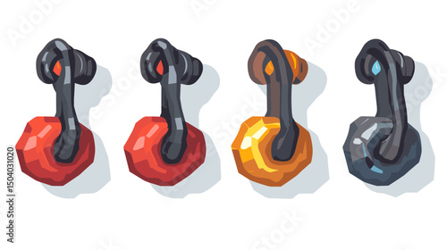 Pixel Art Style Rendering of Four Game Assets with Gems in Red Gold Gray and Blue Isolated on White