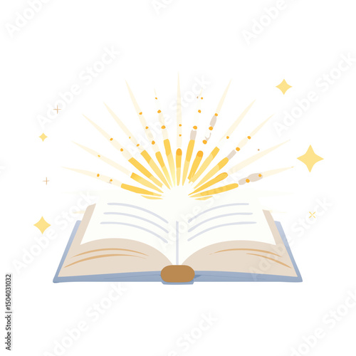 Open book with radiant light emanating from its pages, surrounded by sparkling stars, symbolizing knowledge, inspiration, and the magic of reading in a visually captivating illustration