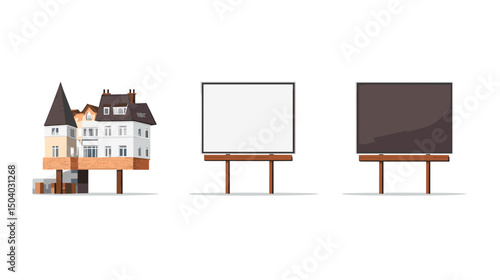Pixelated Building and Blank Whiteboards with Dark Chalkboard Illustrations on White Background