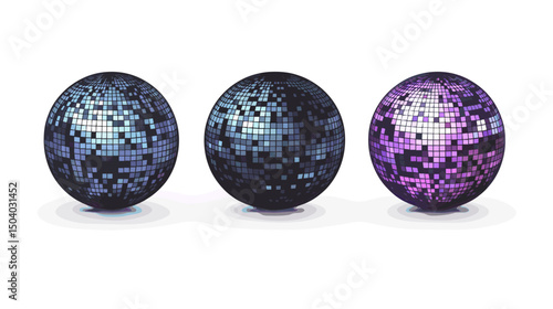 Pixelated Spheres in Varying Shades of Purple and Blue with Metallic Patterns on a White Background with 8 bit Graphics