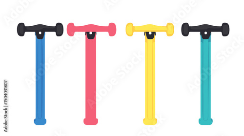 Row of Four Dumbbell Weights with Different Pastel Colors in a White Background Isolated