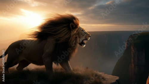 Majestic lion roaring at sunset on a rocky cliff in an African landscape