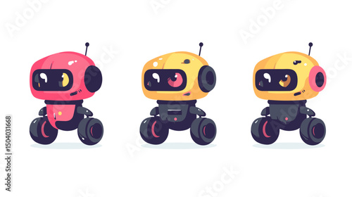 Row of Three Pixel Art Robots with Varying Color Schemes Orange Yellow and Pink Standing on Wheels with Antennas Against White Background