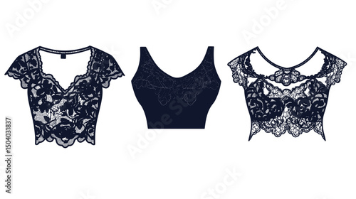 Set of Three Fashionable Lace Crop Tops with Various Necklines and Sleeve Styles in Dark Hue on White Background