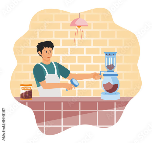 Siphon Coffee Maker Concept. Barista at Work Grinding Coffee Beans in a Cozy Cafe Setting.