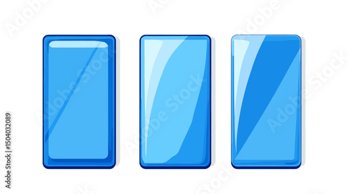 Three Blue Glass Pixel Art Style Smartphone Mockups with Clean Simple Design and Light Reflections in a White Background