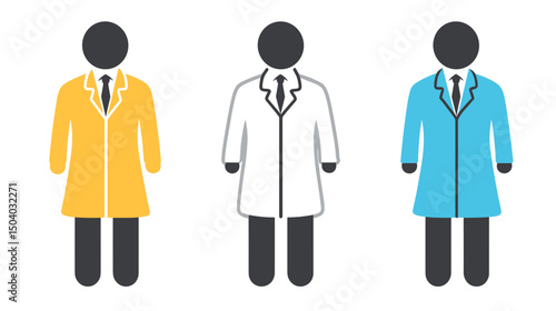 Three Doctors Icons in Yellow White and Blue Coats Standing on a White Background