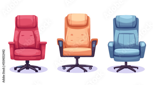 Three High Back Office Chairs in Red Beige and Blue Pixel Art Style on White Background