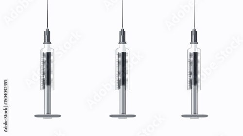 Three Medical Syringes with Transparent Bodies and Black Liquid Filling on White Background