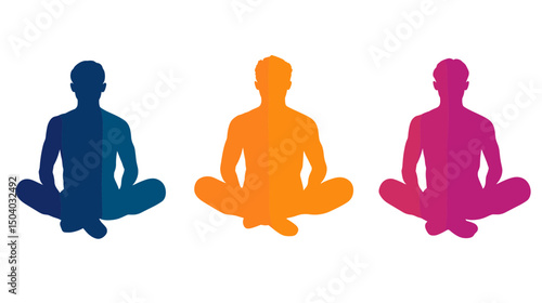 Three Meditating Silhouettes in Lotus Position with Gradient Colors on White Background for Wellness and Harmony