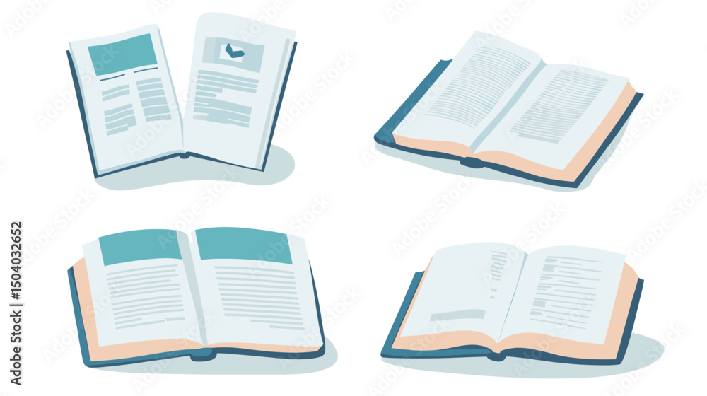 Obraz premium Collection of Open Books with Light Blue Pages and Pixelated Texture on a White Background for Education and Learning