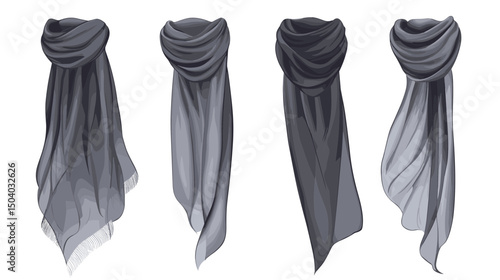 Collection of Gray Pixel Art Scarves and Shawls with Detailed Fabric Texture in Retro Design