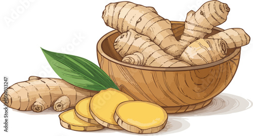 Ginger Root in Bowl A Culinary Herb and Spice Vector Illustration