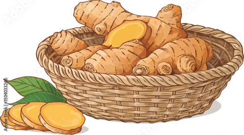 Ginger root in woven basket on white background vector illustration