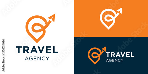 Creative simple travel agency logo template. Pin, map, location with arrow or airplane logo design vector illustration.