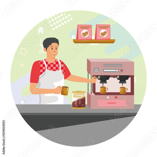 Espresso Time concept. Barista Preparing Coffee with Espresso Machine in Cozy Cafe Setting.