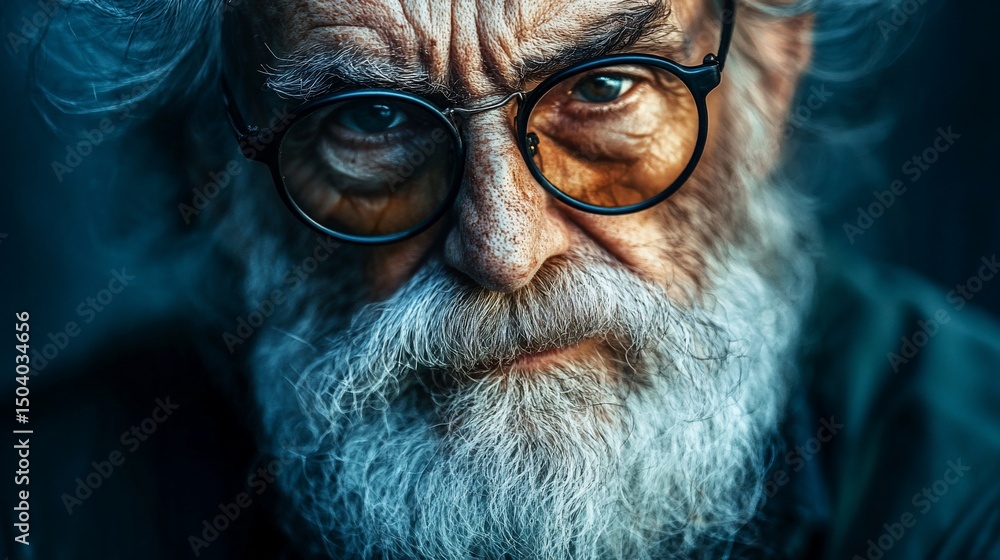 Portrait of an old man with glasses and a white beard intensely staring Portrait of an old man with glasses and a white beard intensely staring