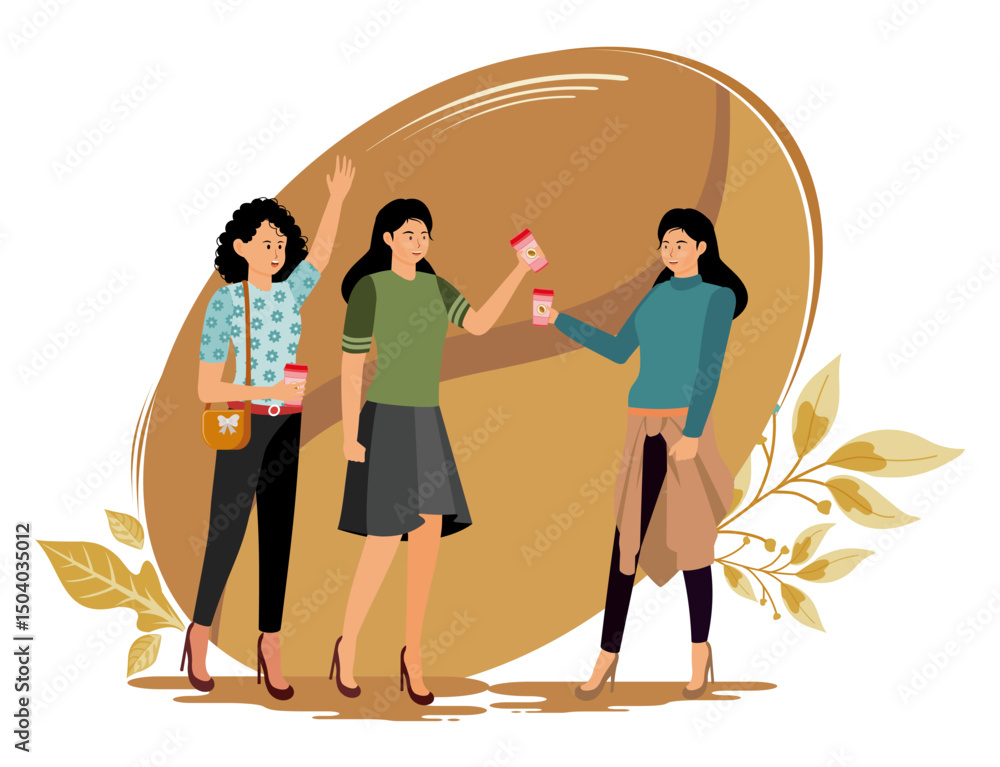 Fototapeta premium Hot Latte. A Group of Women Socializing Outdoors While Drinking Hot Latte in Autumn Atmosphere.