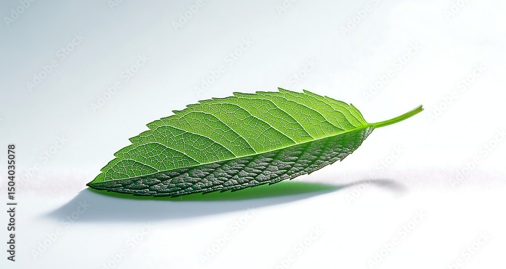 Fototapeta premium Fresh Mint Leaf Close-Up on White Background with Soft Lighting, High-Res Photo