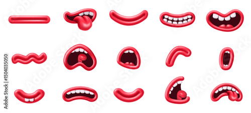 Cartoon mouth expressions. 3D character mouths, comic funny lips and plasticine smile. Talking, shouting and laughing mouth shapes with teeth and tongue isolated vector illustration set.