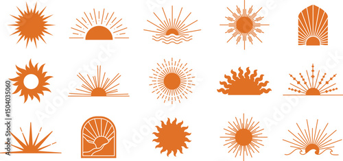Boho sun silhouette icons. Boho sun emblem symbols of sunrise and sunset with rays, arch and wave shapes. Minimalist summer sunshine and dawn light solid signs vector set with editable stroke paths.