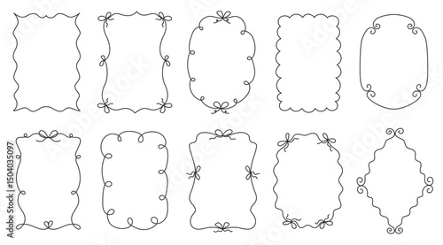 Hand drawn curly line frames. Doodle frame with bows, cute outline border shapes and decorative sketch frames with wavy, swirl and scalloped edges. Simple templates for girly label designs vector set.