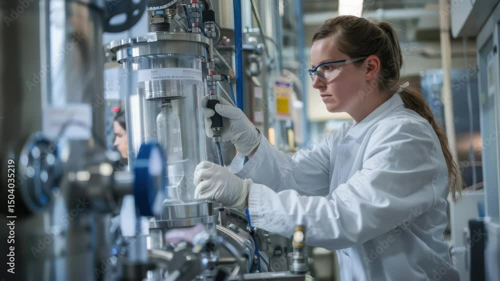 Focused female scientist wearing safety glasses and gloves operates industrial laboratory equipment modern research facility for advanced industrial Focused female scientist wearing safety glasses and gloves operates industrial laboratory equipment modern research facility for advanced industrial