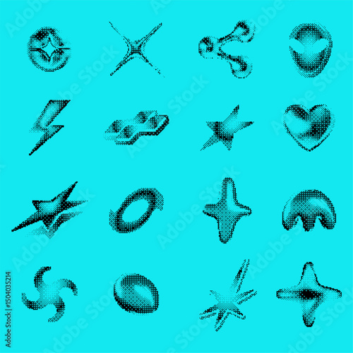 Pixel art Y2K stars. Bitmap star with dithering effect, abstract sci-fi icons halftone texture. Stars, alien and lightning, heart and molecule. Retro pixelated vector set.